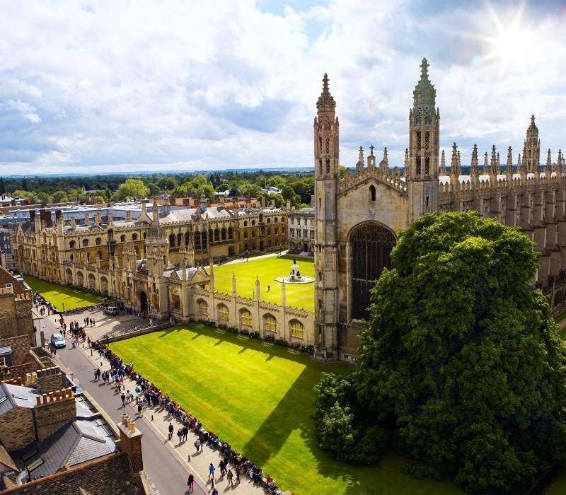 View of King’s College Chapel and historic Cambridge University buildings, UK
