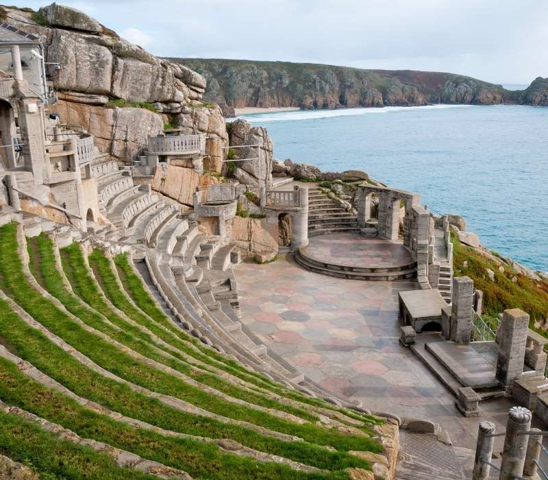 View from the Minack Theatre overlooking Porthcurno Bay in Cornwall, England