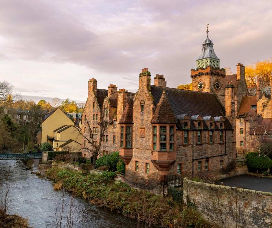 Scenic sunset view of Dean Village in Edinburgh, Scotland