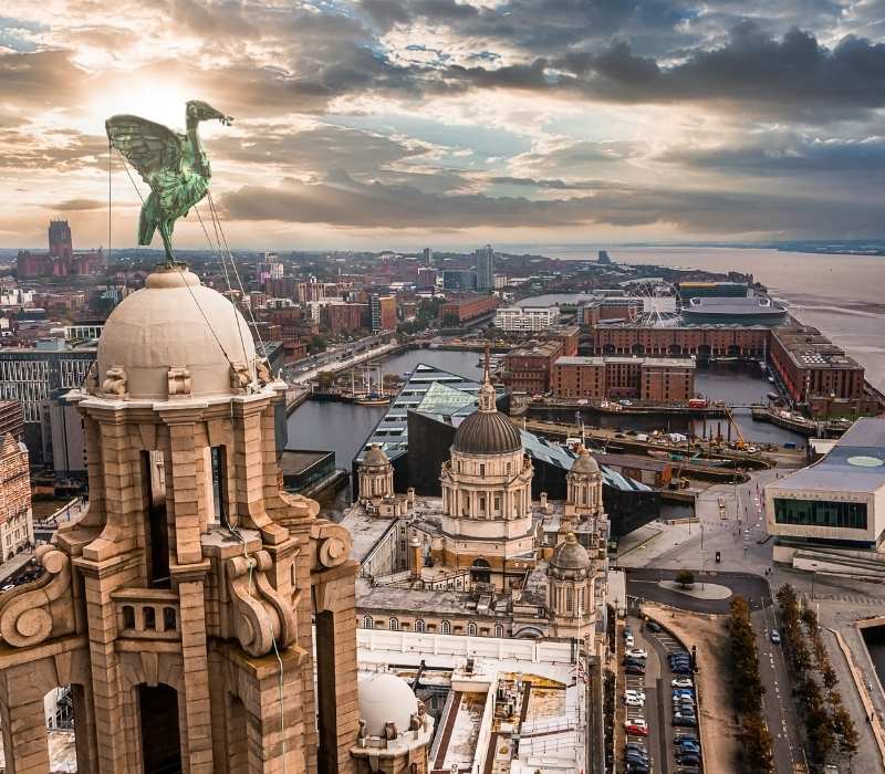 Aerial View of Royal Liver Building and Waterfront