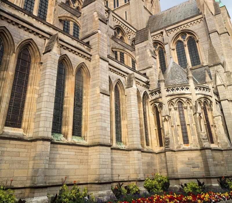 Truro Cathedral Gothic architecture viewed from below, Cornwall, England